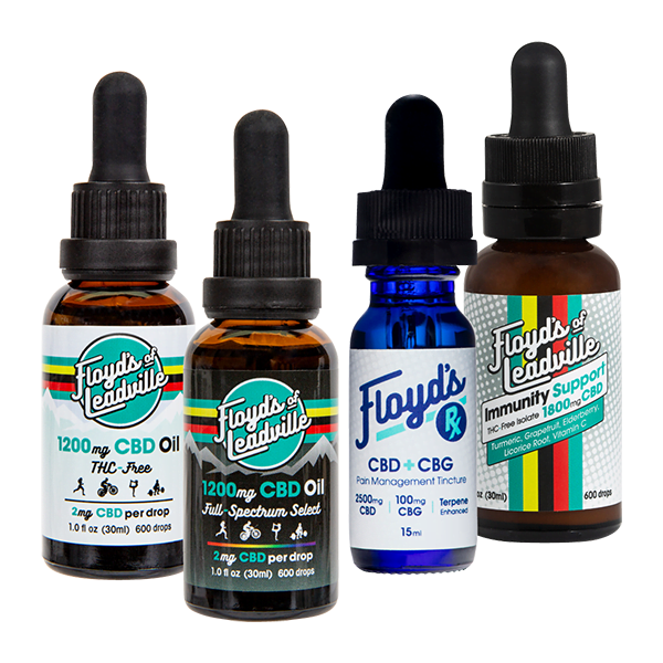 A bottle of Floyds of Leadville 1200mg THC-Free CBD oil and a bottle of 1200mg Full-Spectrum CBD Oil and a bottle of Floyds Rx 2500mg CBD plus 100mg CBG oil and a bottle of Immunity Support tincture with 1800mg of CBD