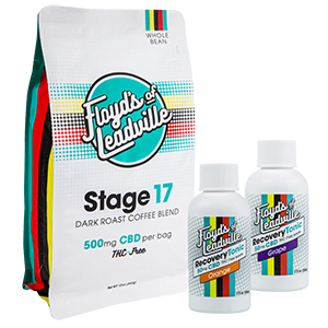 A package of Floyds of Leadville Stage 17 Coffee with 500mg of THC-Free Isolate CBD and a bottle of Floyds of Leadville Recovery Tonic Orange with 50mg of THC-Free Isolate CBD and a bottle of Floyds of Leadville Grape Recovery Tonic with 50mg of THC-Free Isolate CBD